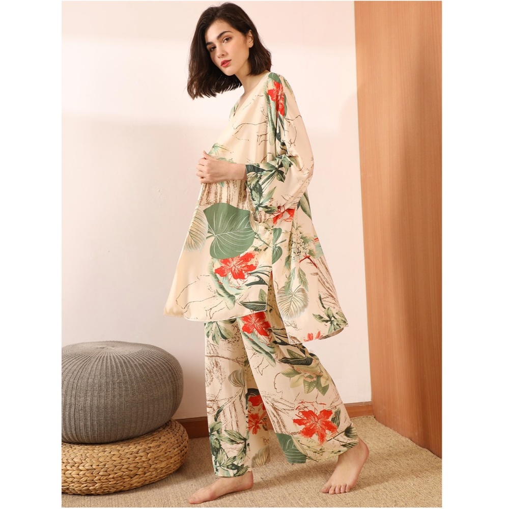 3 Piece Beige Green Floral Print Pajama Set - Picture 2 of 8